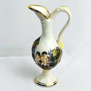 Capodimonte Vintage Porcelain Pitcher Cherub Relief Design Gold Trim 7” Italy
